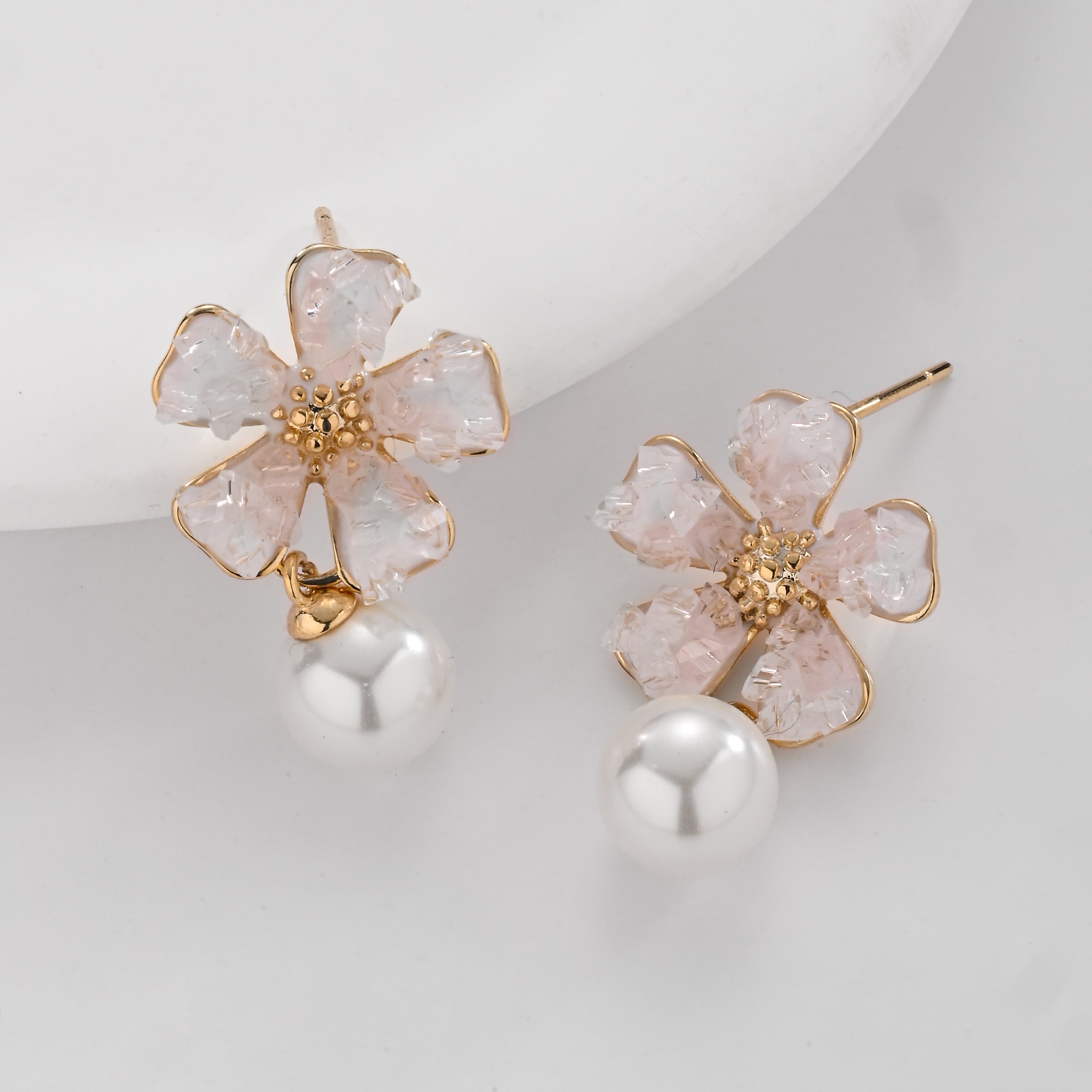 Crystal Flower Pearl Drop Earrings