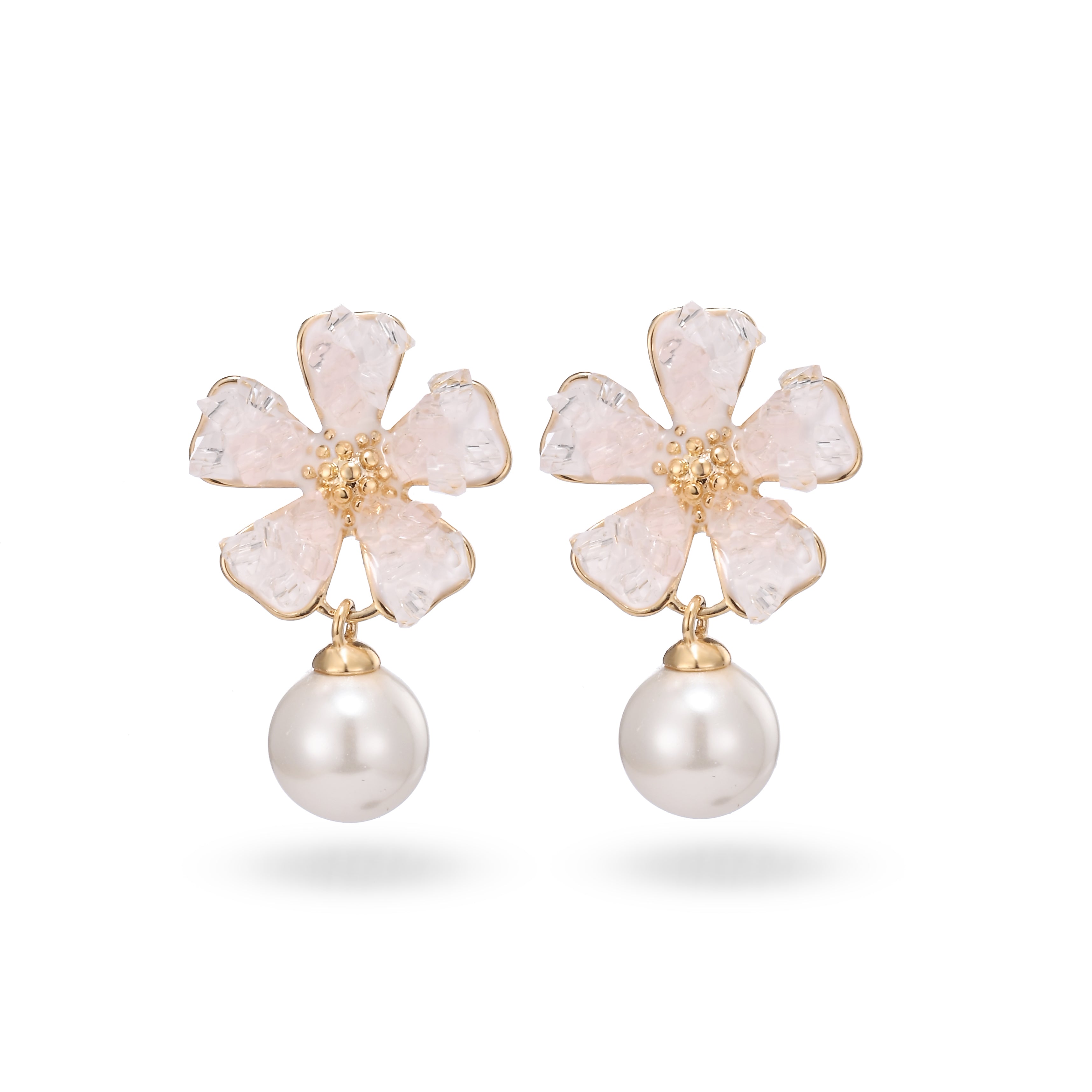 Crystal Flower Pearl Drop Earrings