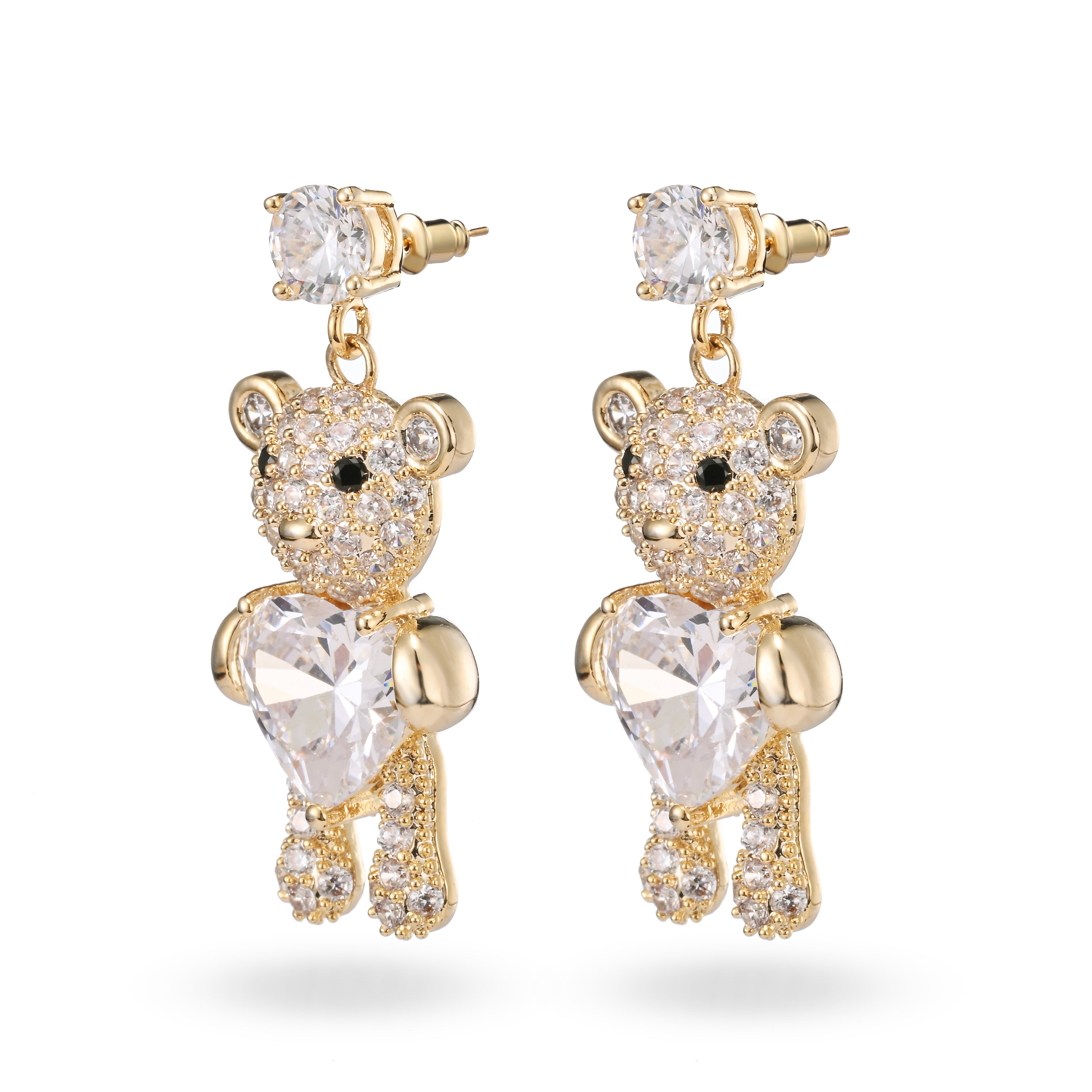 Crystal Teddy Heart Dangle Earrings