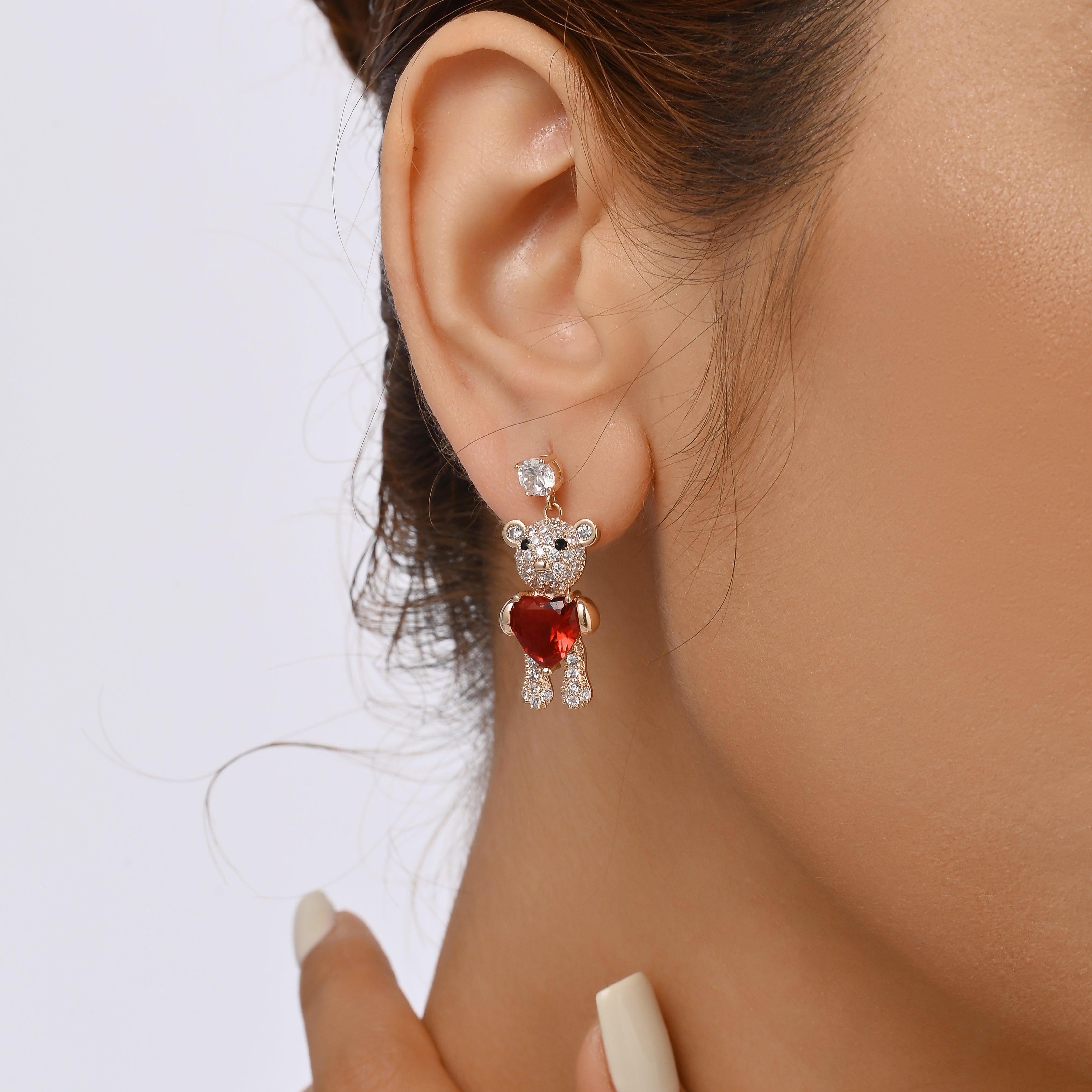 Crystal Teddy Heart Dangle Earrings
