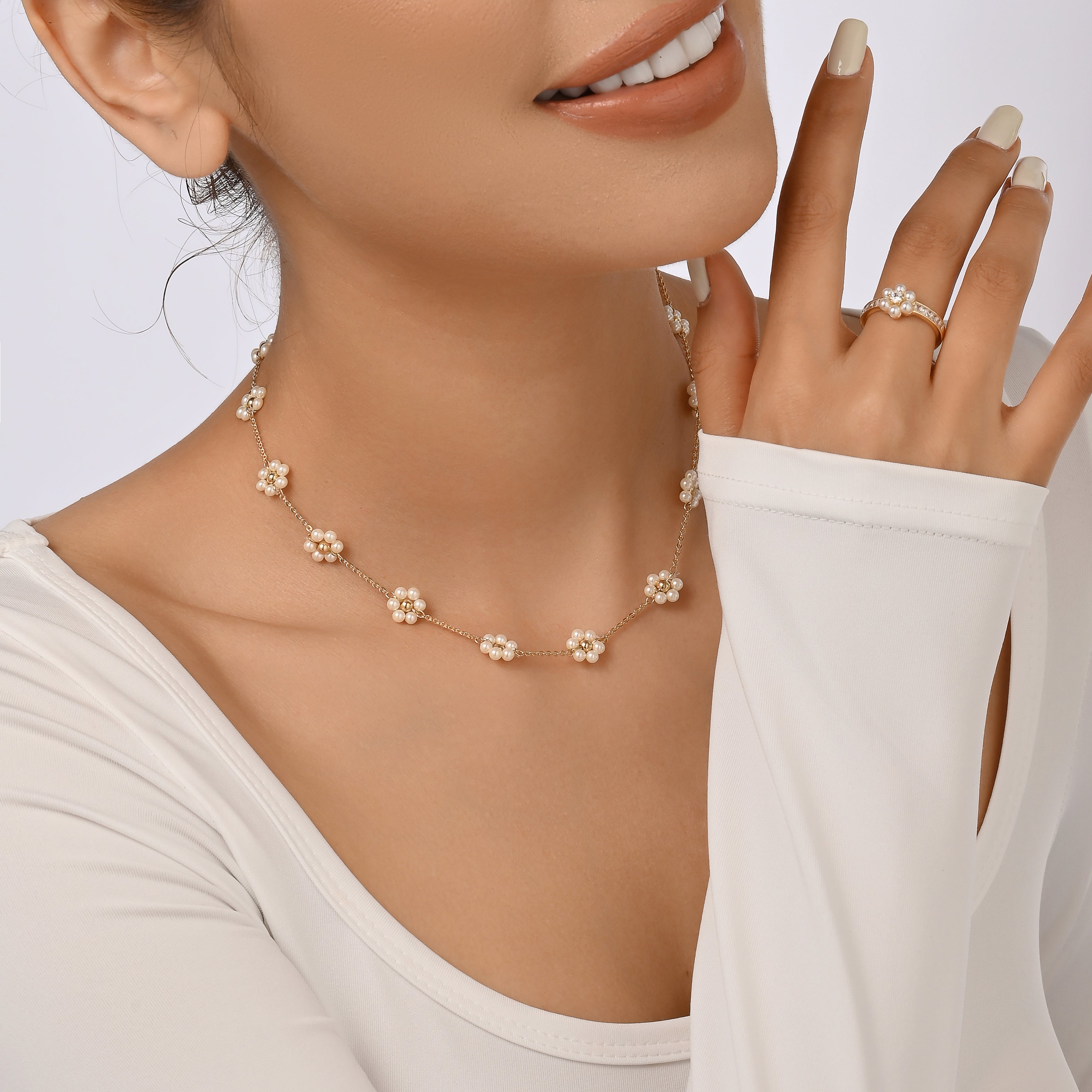 Adjustable Floral Pearl Blossom Jewelry Set – Premium Gold-Plated Necklace with Matching Pearl Flower Adjustable Ring | Elegant, unique Design | Luxury Gift Set