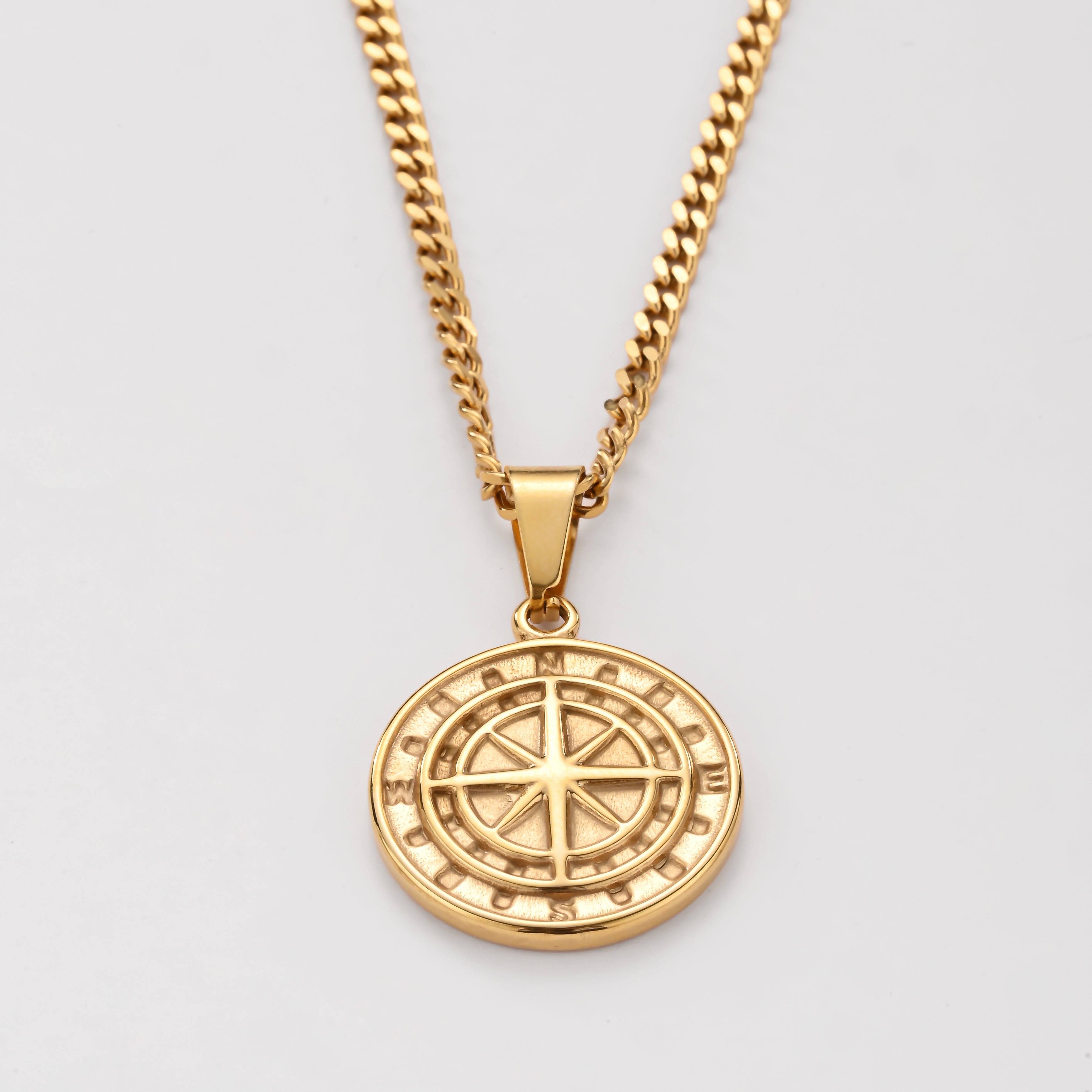 Ancient Compass Pendant Necklace for Men- Tarnish free, Hypoallergenic & nickel free, Premium durable long lasting stainless steel, Skin & eco-friendly, 14k gold plated, Timeless unique design, Outdoor and indoor comfort fit, Trendy jewelry for him.