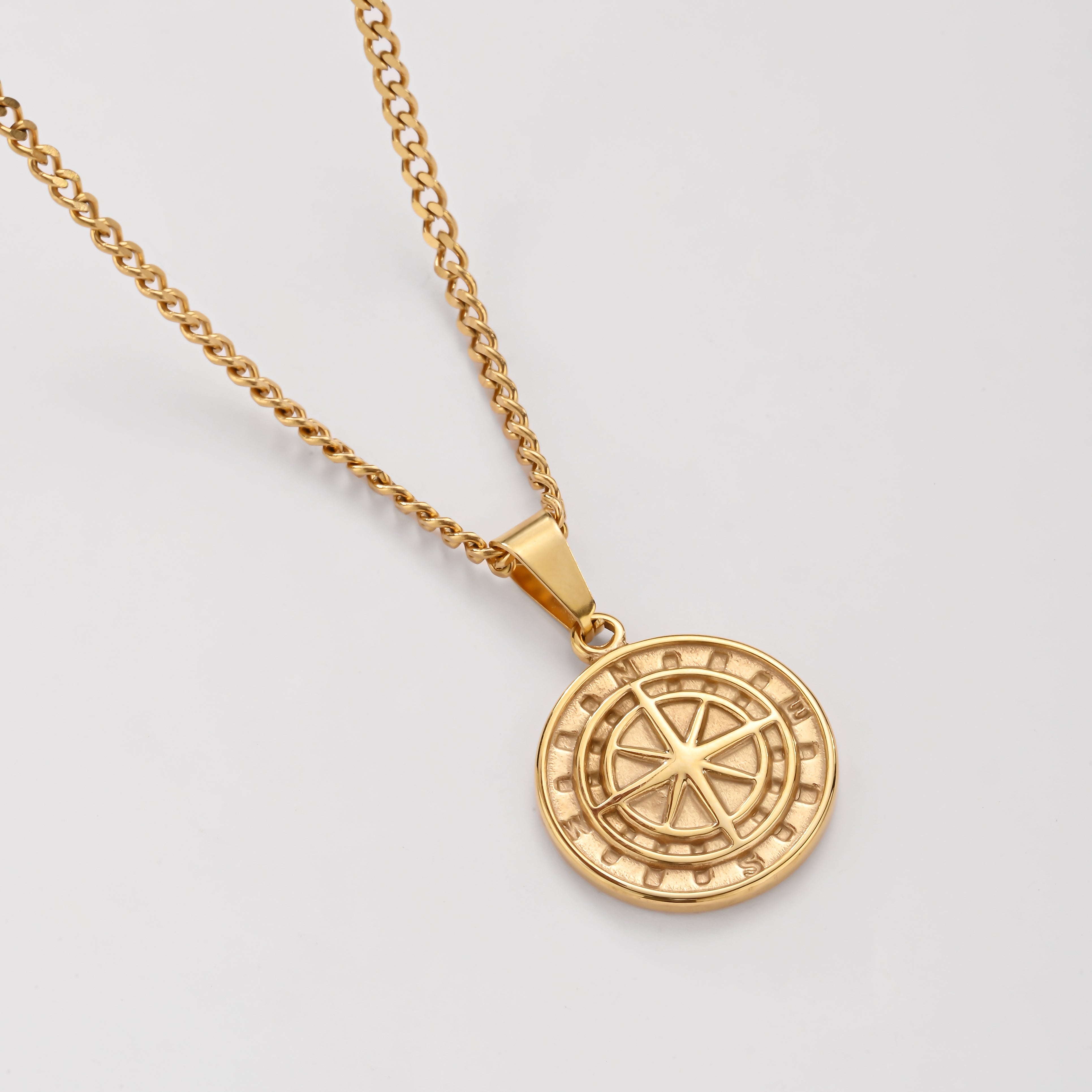 Ancient Compass Pendant Necklace for Men- Tarnish free, Hypoallergenic & nickel free, Premium durable long lasting stainless steel, Skin & eco-friendly, 14k gold plated, Timeless unique design, Outdoor and indoor comfort fit, Trendy jewelry for him.