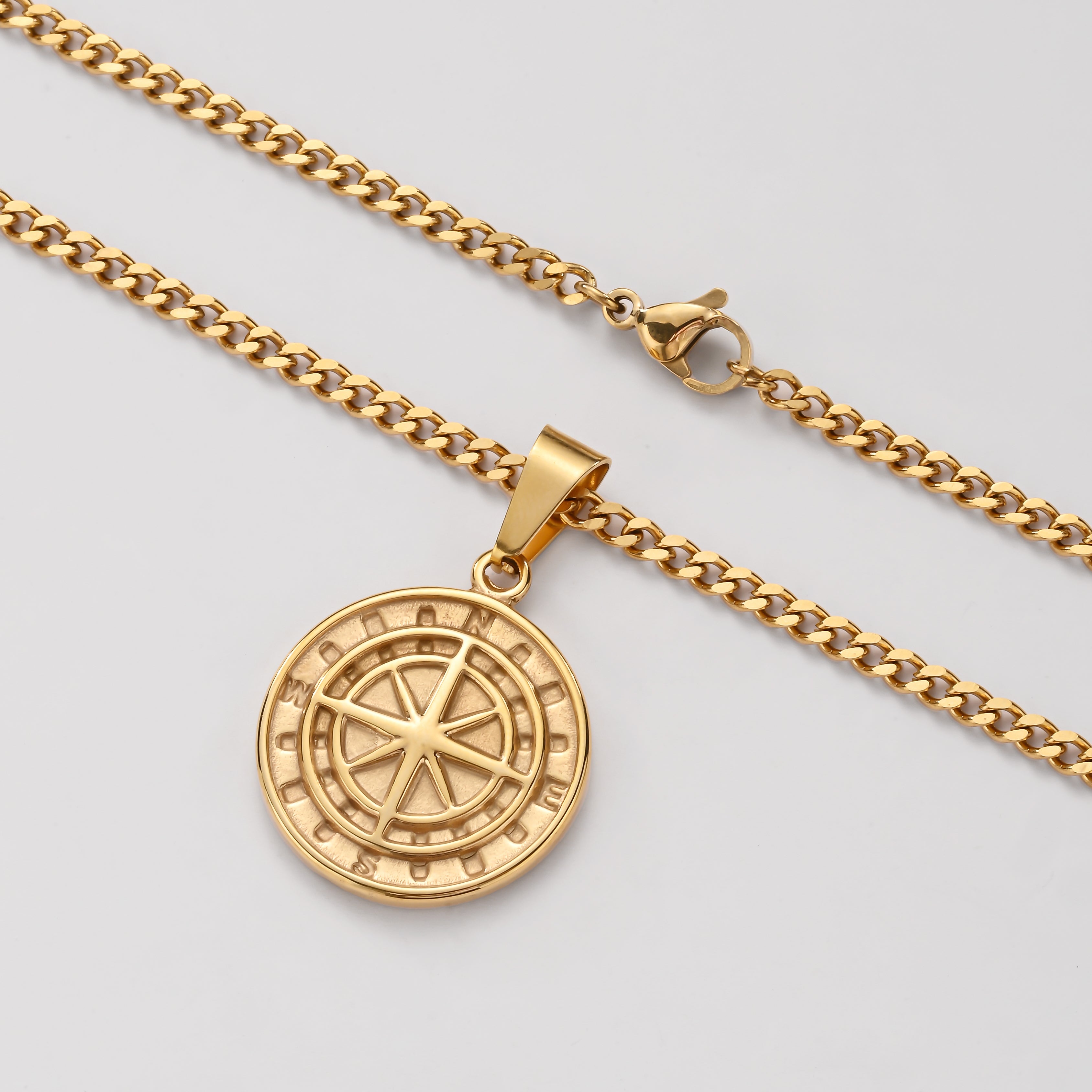 Ancient Compass Pendant Necklace for Men- Tarnish free, Hypoallergenic & nickel free, Premium durable long lasting stainless steel, Skin & eco-friendly, 14k gold plated, Timeless unique design, Outdoor and indoor comfort fit, Trendy jewelry for him.