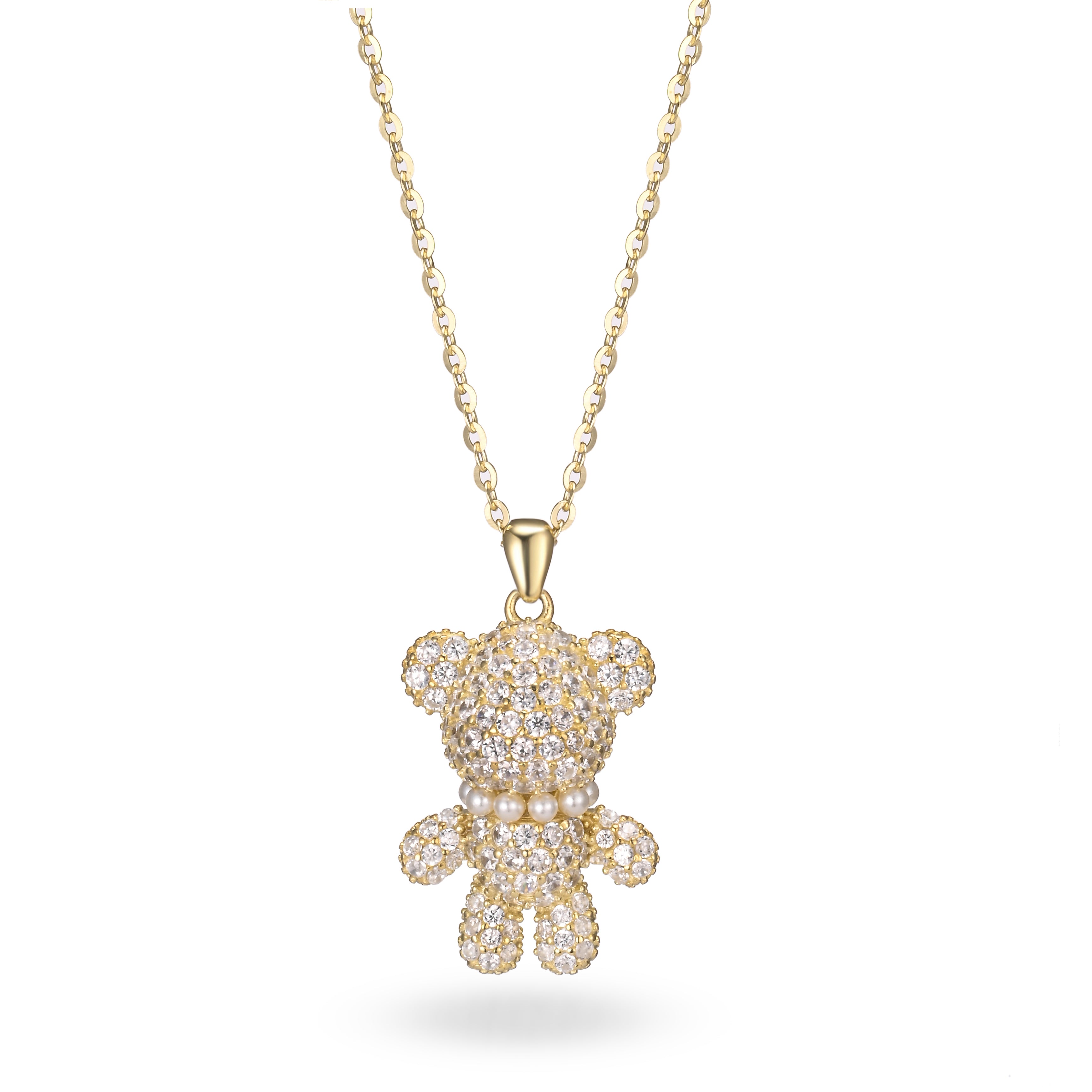 Crystal Teddy Golden Bear Sterling Silver Necklace