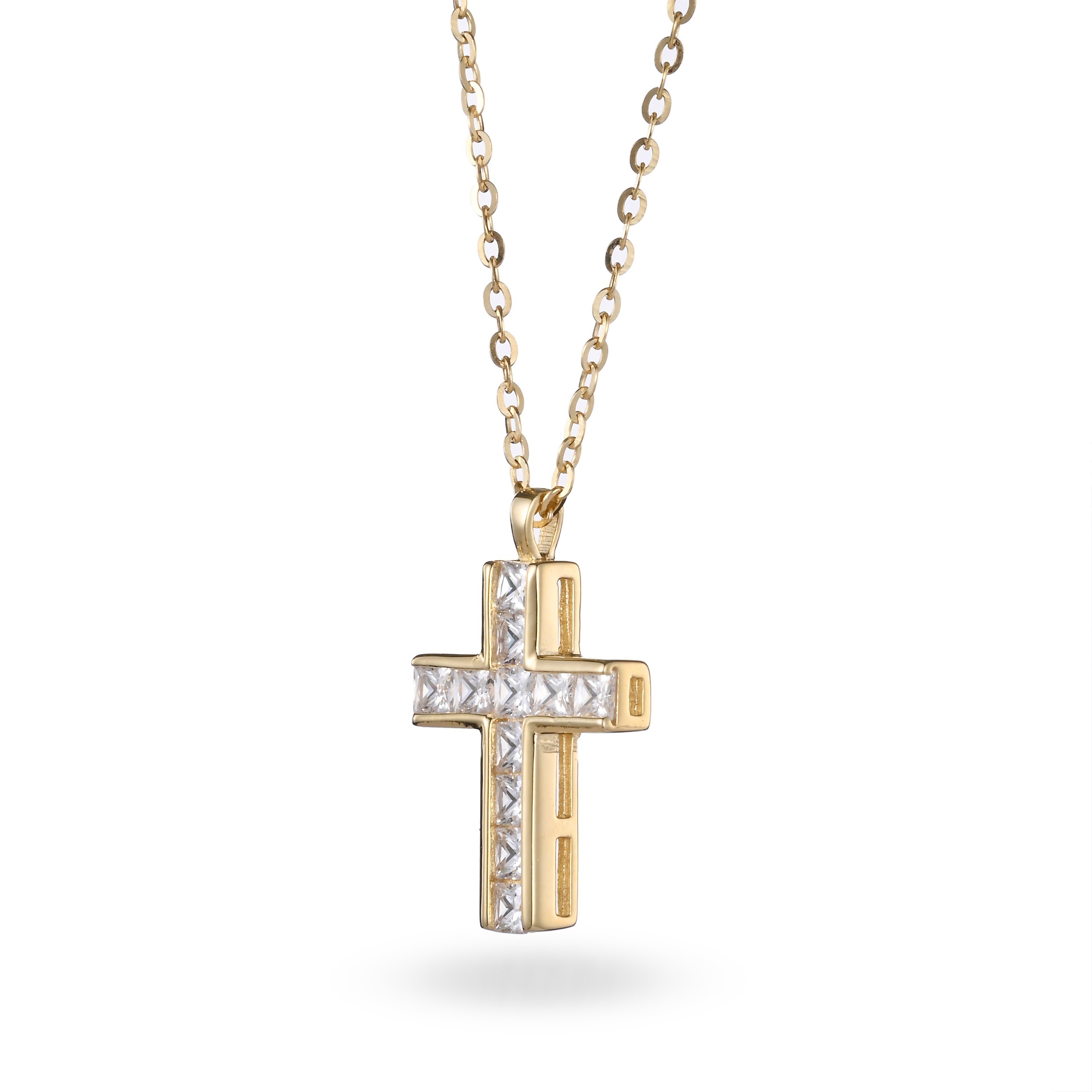 Sterling Silver 3D Crystal Cross Gold Necklace