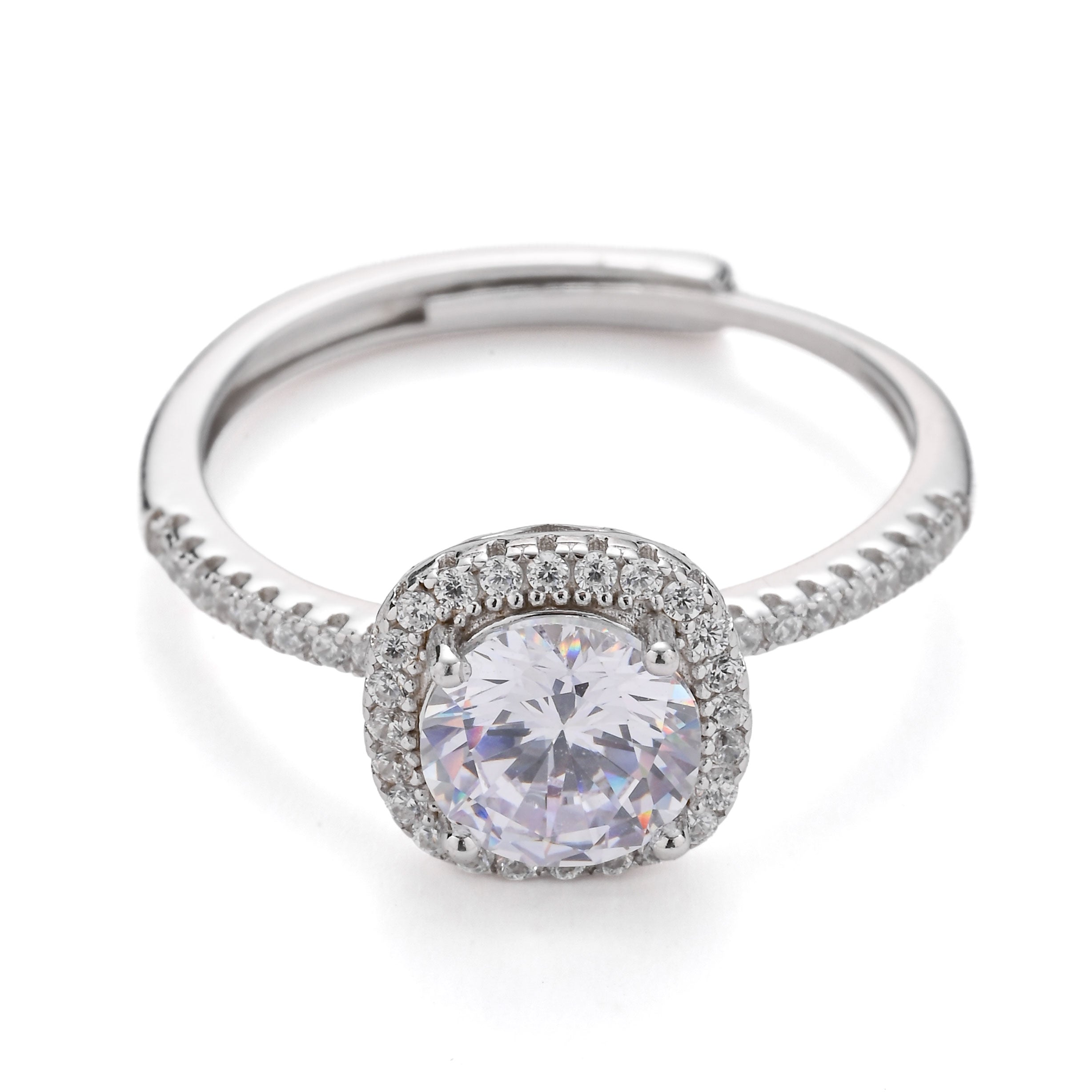 Sterling Silver Radiant Crown Halo Solitaire Adjustable Ring