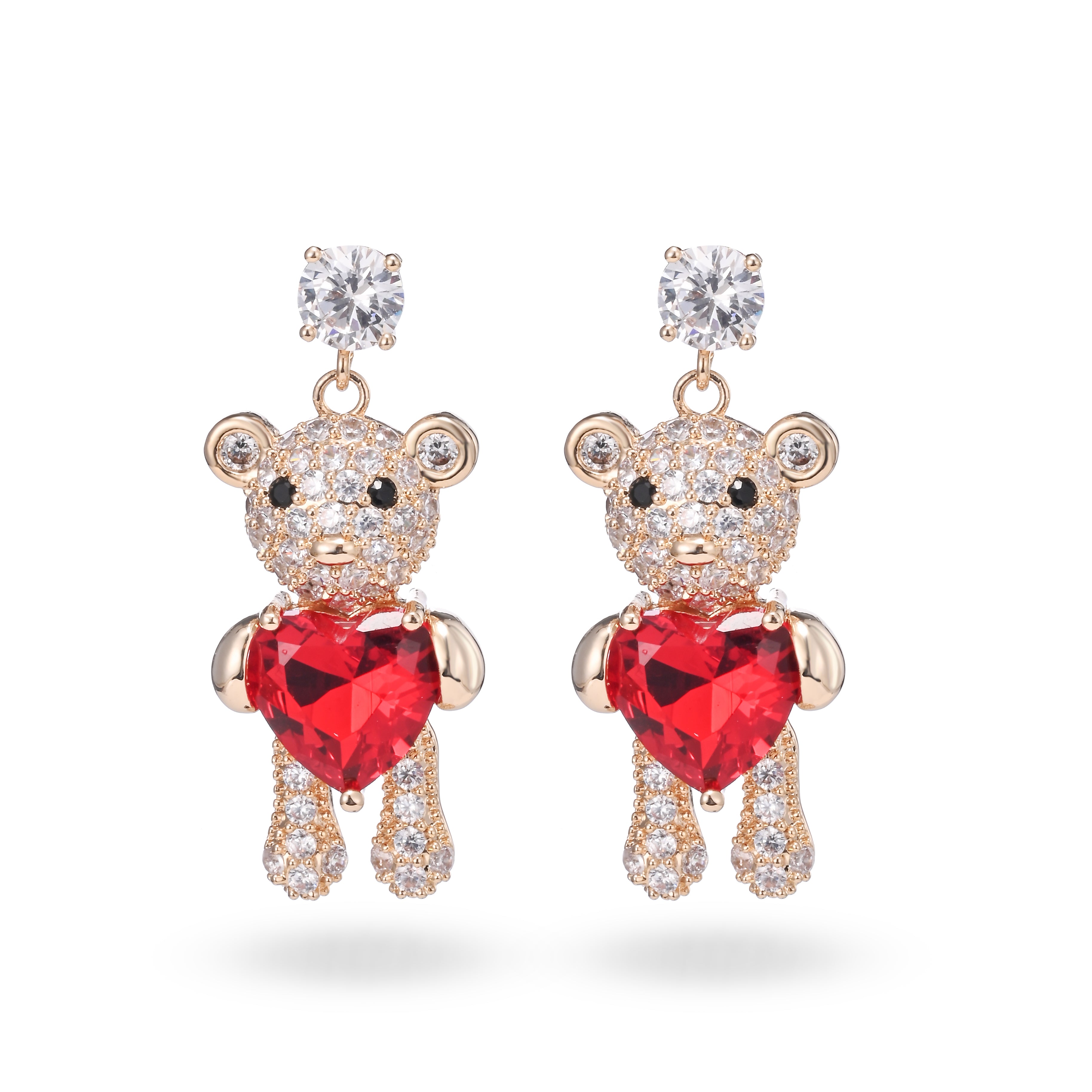 Pendientes colgantes de corazón de osito de cristal