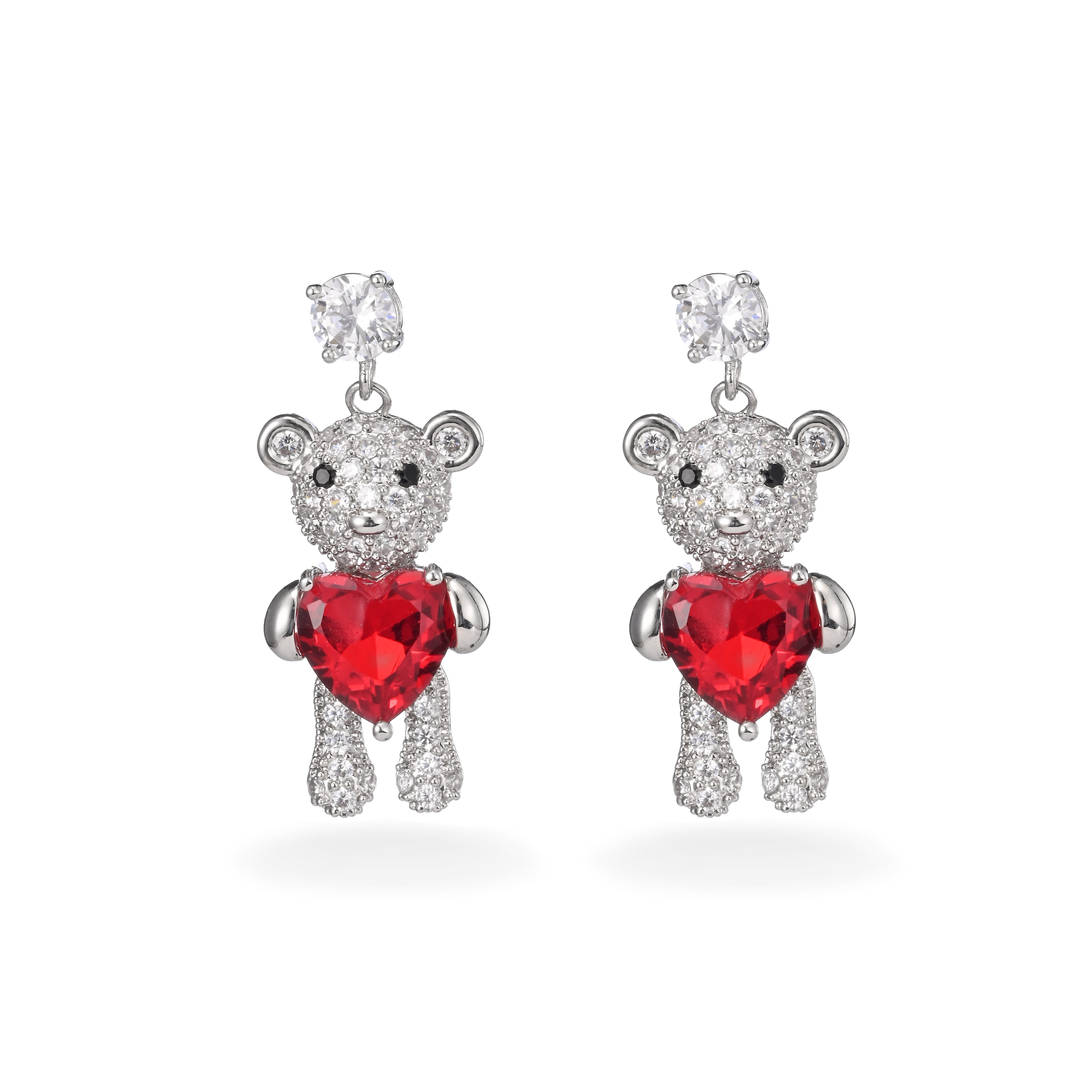 Pendientes colgantes de corazón de osito de cristal