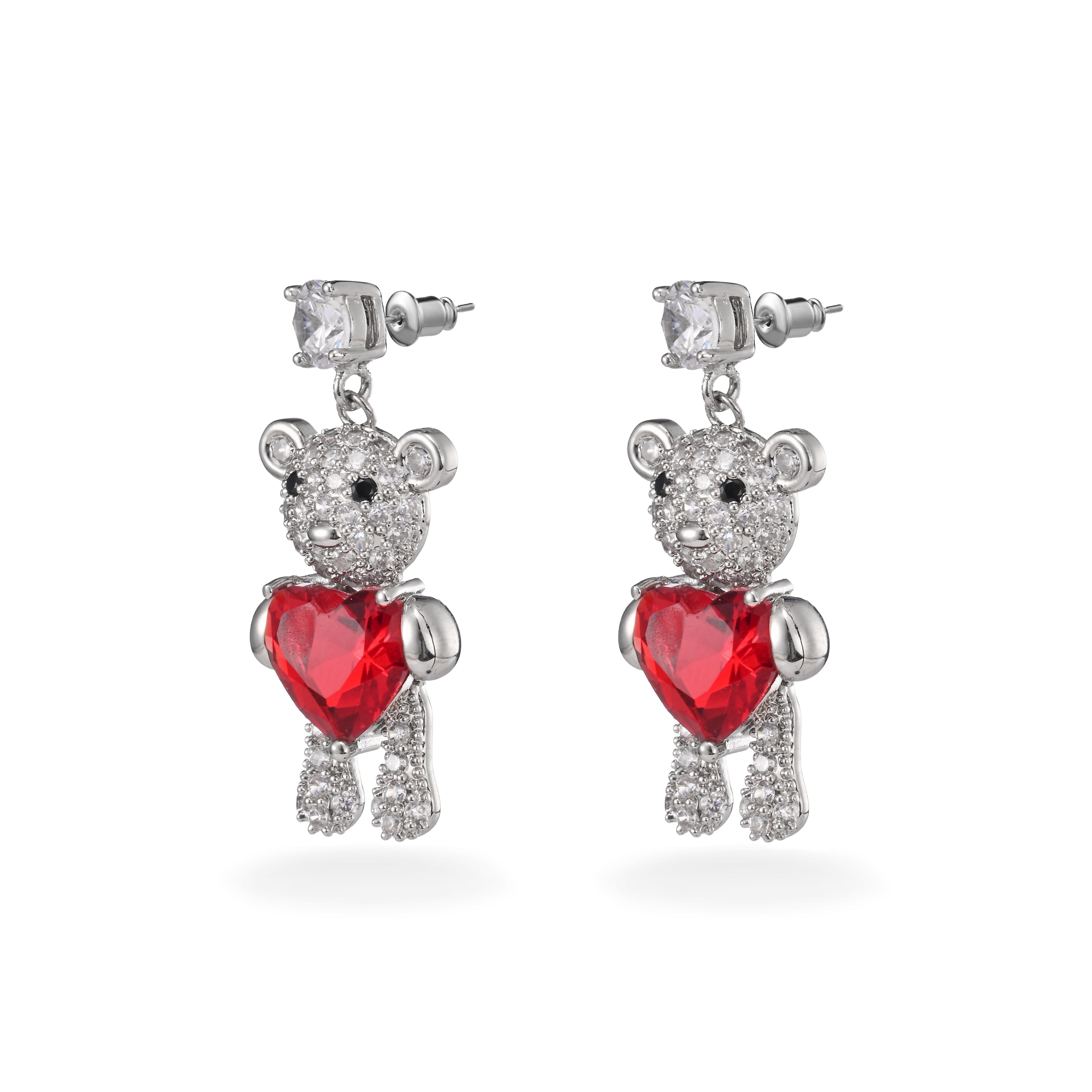 Pendientes colgantes de corazón de osito de cristal