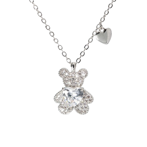 Silver Bear Two Hearts Hug Necklace | Joli lily Silver Bear Two Hearts Hug Necklace | Joli lily